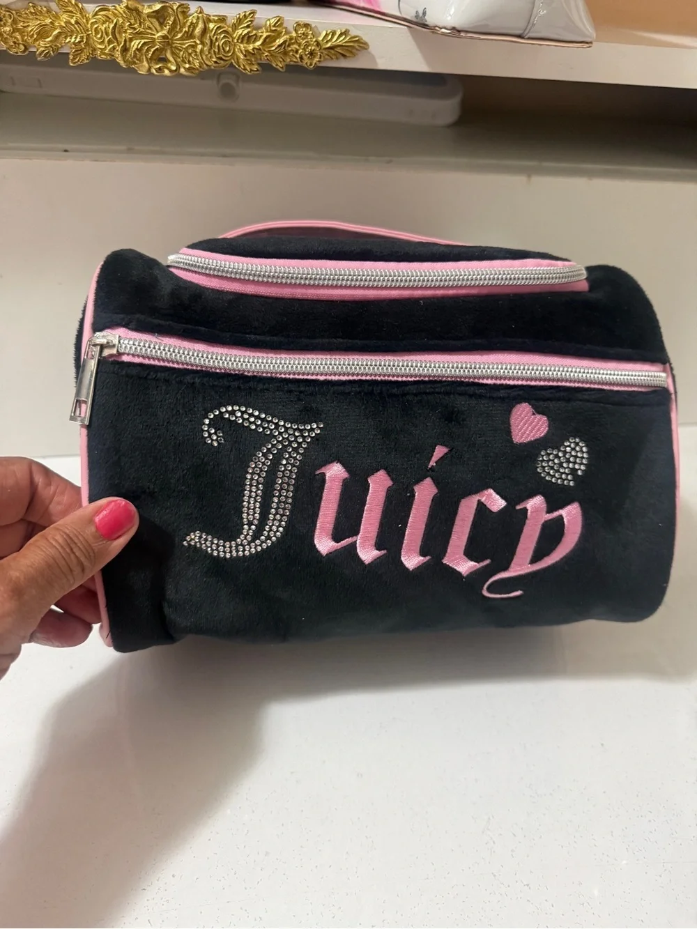Juicy Couture Black and Pink Velvet Cosmetic Pouch